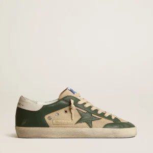 Golden Goose Super Star In Cream Mesh And Green Nappa