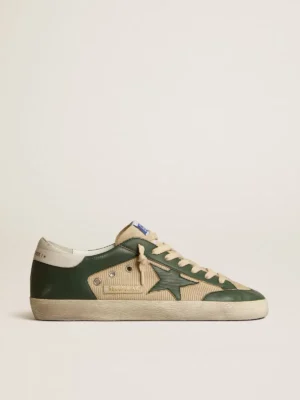 Golden Goose Super Star In Cream Mesh And Green Nappa